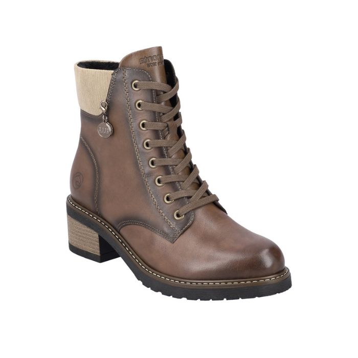 Brown leather lace up ankle boot with stacked heel.