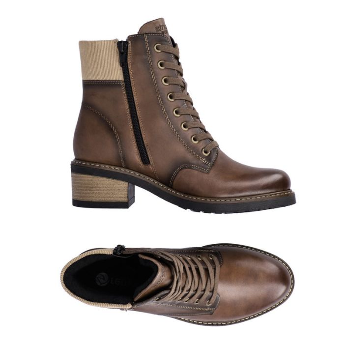 Top and side view of brown leather lace up ankle boot with stacked heel. Black inside zipper closure.