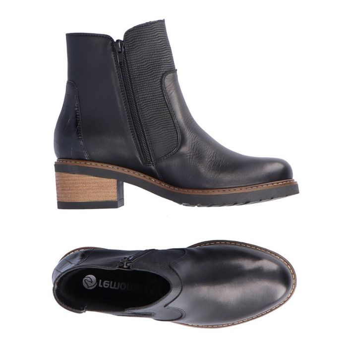 Top and side view of black leather Chelsea boot with brown stacked heel. Inside zipper closure and Remonte logo on black insole.