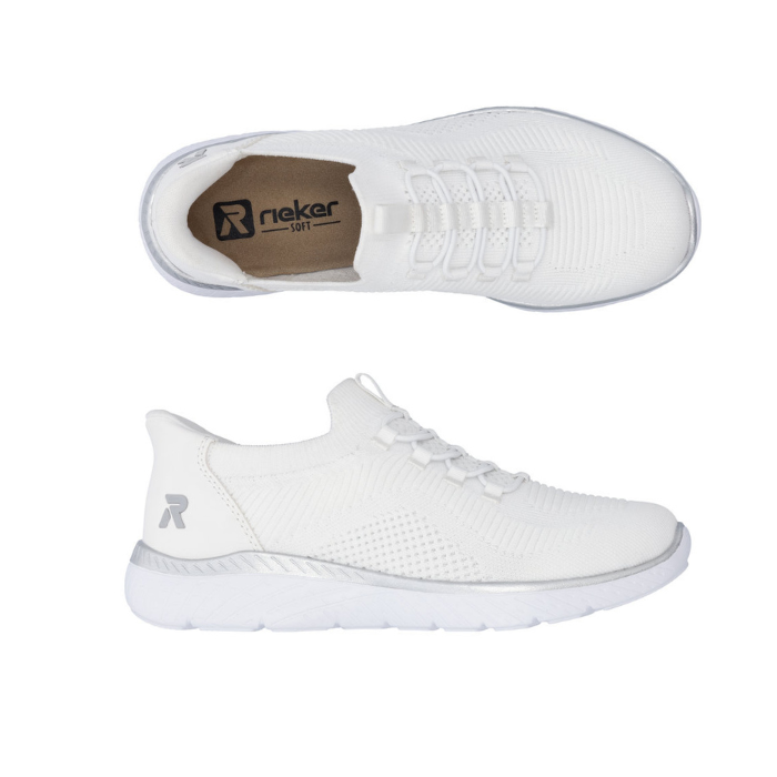 Pair of Slip-on Sneakers in white with knit upper, elastic laces, silver accents,  tan Rieker logo'd footbed and white outsole.