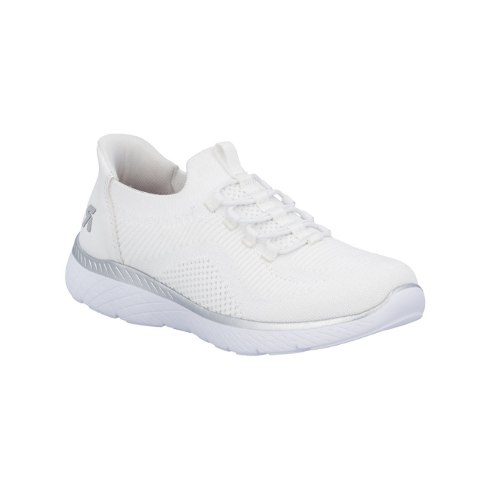Slip-on Sneaker in white with knit upper, elastic laces, silver accents and white outsole.