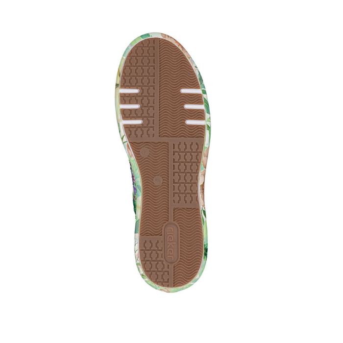 Brown geometric patterned outsole with Rieker logo on heel.