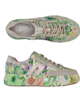 Pair of Green floral patterned sneakers with beige laces and accents, grey Rieker logo'd footbed and a floral patterned platform midsole. 