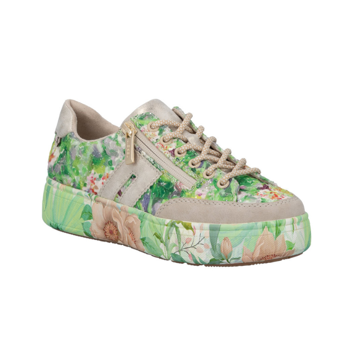 Green floral patterned sneaker with beige laces and accents and a floral patterned platform midsole. 