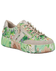 Green floral patterned sneaker with beige laces and accents and a floral patterned platform midsole. 
