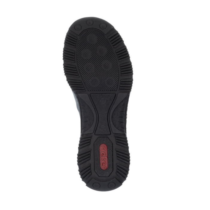 Black light treaded outsole of slip on shoes with red Rieker logo on heel.
