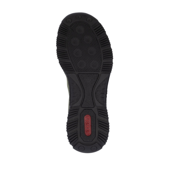 Black light treaded outsole with red Rieker logo on heel.