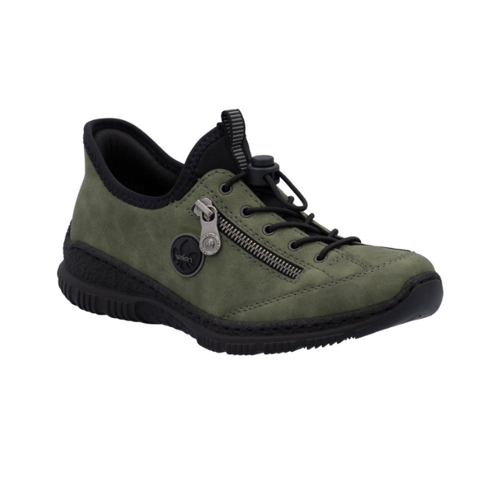 Green slip-on shoe with bungee laces, faux side zipper, Rieker logo in circle side emblem, brown faux cork midsole and a black outsole.