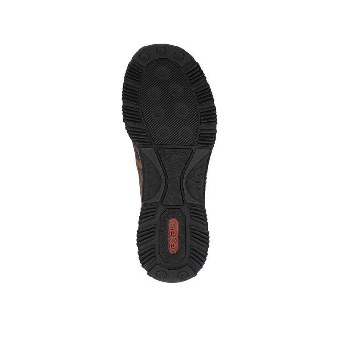 Black light treaded outsole with red Rieker logo on heel.
