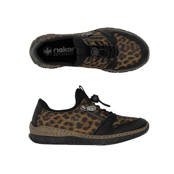 Pair of Leopard print sneaker with black accents, black bungee laces, faux side zipper, black Rieker logo'd footbed and black outsole.
