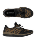 Pair of Leopard print sneaker with black accents, black bungee laces, faux side zipper, black Rieker logo'd footbed and black outsole.