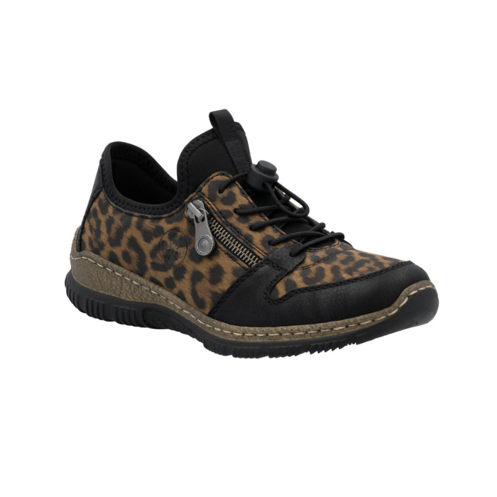 Leopard print sneaker with black accents, black bungee laces, faux side zipper and black outsole.