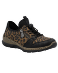 Leopard print sneaker with black accents, black bungee laces, faux side zipper and black outsole.