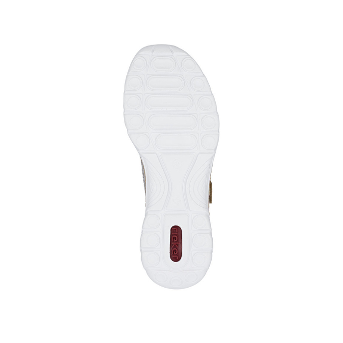 White light treaded outsole with red Rieker logo stamped in heel.
