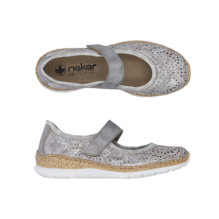 Pair of Silver Mary-Jane shoes with decorative perforations, tan Rieker logo'd footbed, faux cork midsole and white outsole.