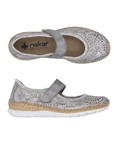 Pair of Silver Mary-Jane shoes with decorative perforations, tan Rieker logo'd footbed, faux cork midsole and white outsole.
