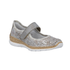 Silver Mary Jane shoe with decorative perforations, faux cork midsole and white outsole.