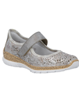 Silver Mary-Jane shoe with decorative perforations, faux cork midsole and white outsole.