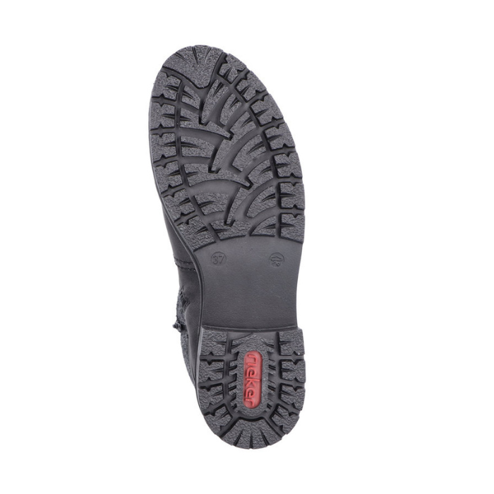 Black rubber treaded outsole with red Rieker logo on heel.