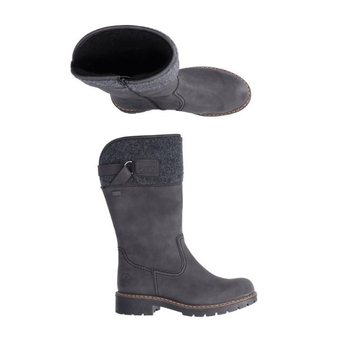 Pair of grey mid boots with a textured cuff and black treaded outsole.