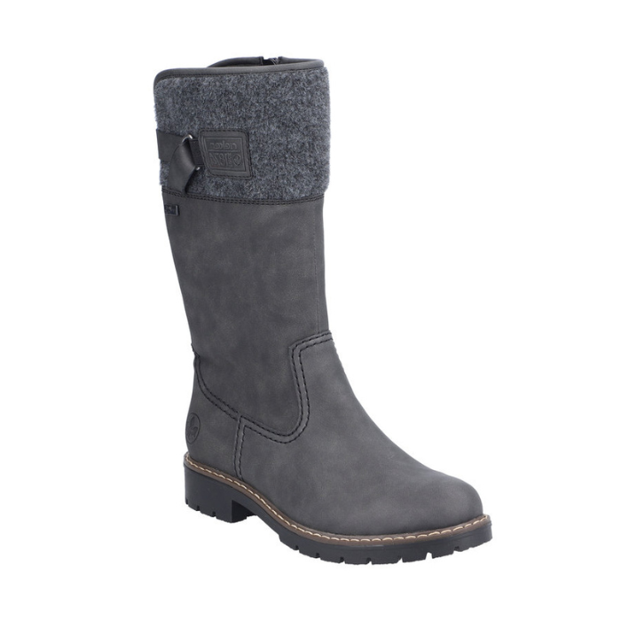 Gray mid boot with a textured cuff and black treaded outsole.