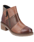 Light and dark brown patched ankle boot with stacked heel and outside zipper.