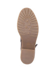 Brown rubber outsole of women's ankle boot with Remonte logo in center.
