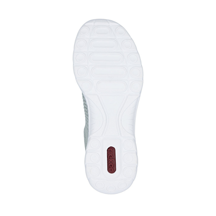 White light treaded outsole with red Rieker logo on heel.