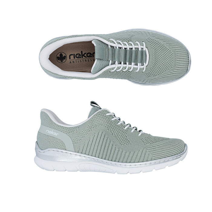 Pair of Light green sneakers with white elastic laces, fabric mesh upper, tan Rieker logo'd footbed and white outsole.