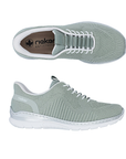 Pair of Light green sneakers with white elastic laces, fabric mesh upper, tan Rieker logo'd footbed and white outsole.