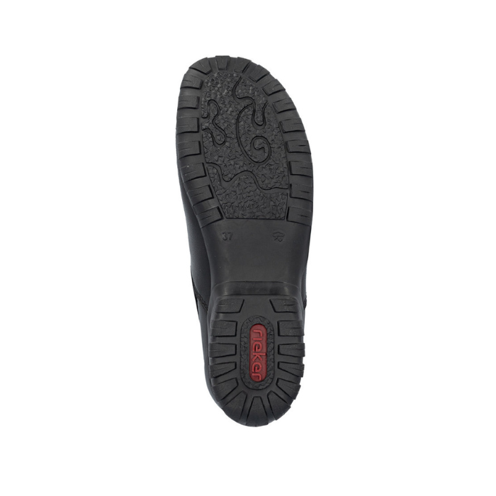 Black light treaded outsole with red Rieker logo on heel.