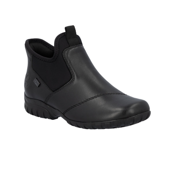 Black leather slip on ankle boot with accent elastic panels and a black rubber outsole.