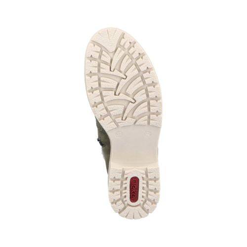 Off white deep tread outsole with red Rieker logo in heel.