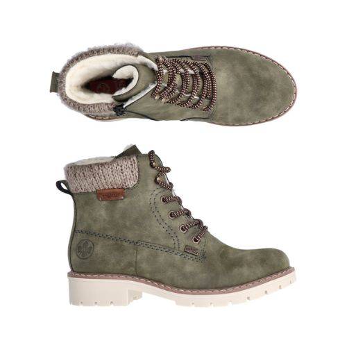 A pair of Rieker green suede ankle boot with fabric cuff, dark accent stitching and rugged off white outsole. 