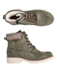 A pair of Rieker green suede ankle boot with fabric cuff, dark accent stitching and rugged off white outsole. 
