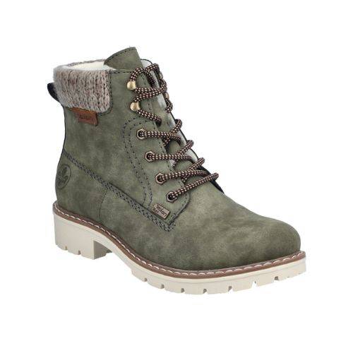A Rieker green suede ankle boot with fabric cuff, dark accent stitching and rugged off white outsole. 
