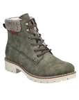 A Rieker green suede ankle boot with fabric cuff, dark accent stitching and rugged off white outsole. 