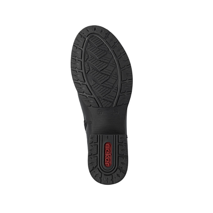 Black rubber light treaded outsole with red Rieker logo on heel.