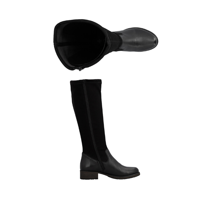 Pair of tall black boots with suede and smooth leather sections, inside zipper and a low block heel.