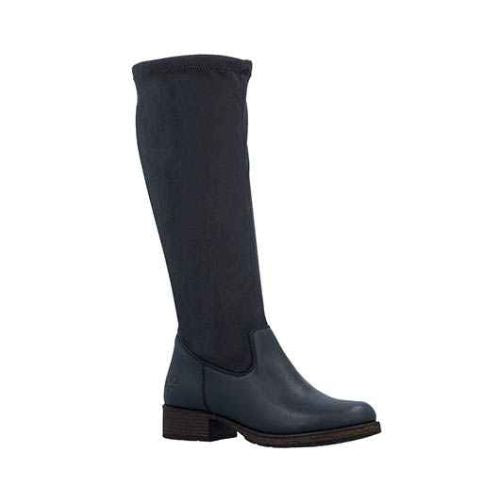 Tall navy boot with suede and smooth leather sections and a low block heel