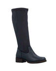 Tall navy boot with suede and smooth leather sections and a low block heel