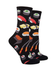 Black socks with colorful sushi pattern.