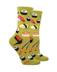 Green socks with sushi design.