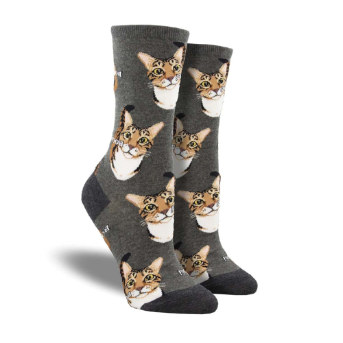 Grey socks with cat face prints, and "boop" wording beside cat's nose.