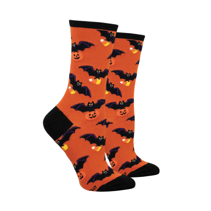 Women's Socksmith Going Batty For Candy Socks feature orange cotton crew design with black bats, candy corn, and pumpkins for Halloween spirit.