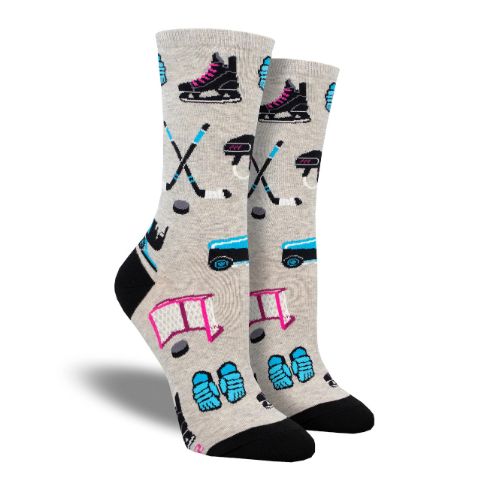 Women's Socksmith Hockey Gear Cotton Crew Socks featuring ice skate, hockey stick, puck, and goal net prints in blue, pink, and black on a gray base. Ideal for sports lovers seeking breathable cotton crew socks.