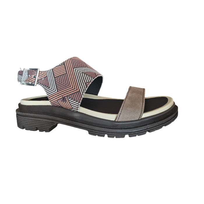 Multicolored sandal with patterned stripes straps and black outsole.