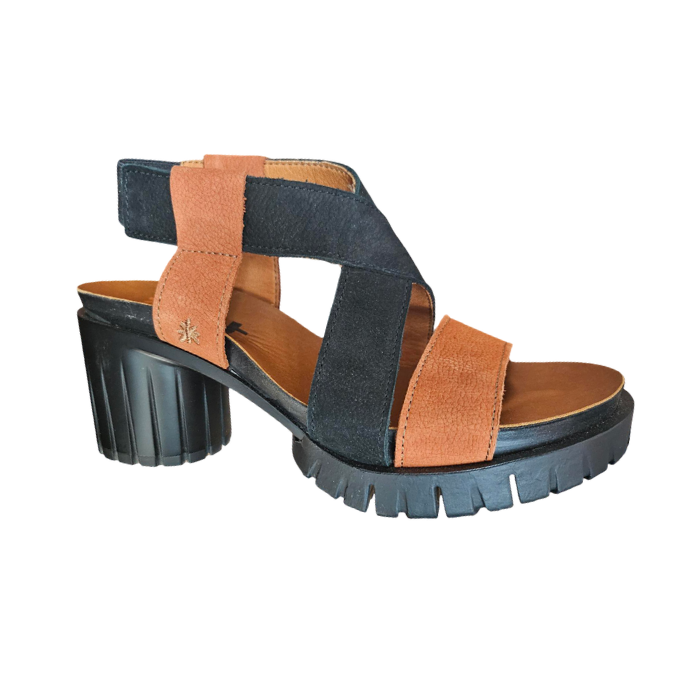 Black and orange strappy sandal with chunky rounded block heel.