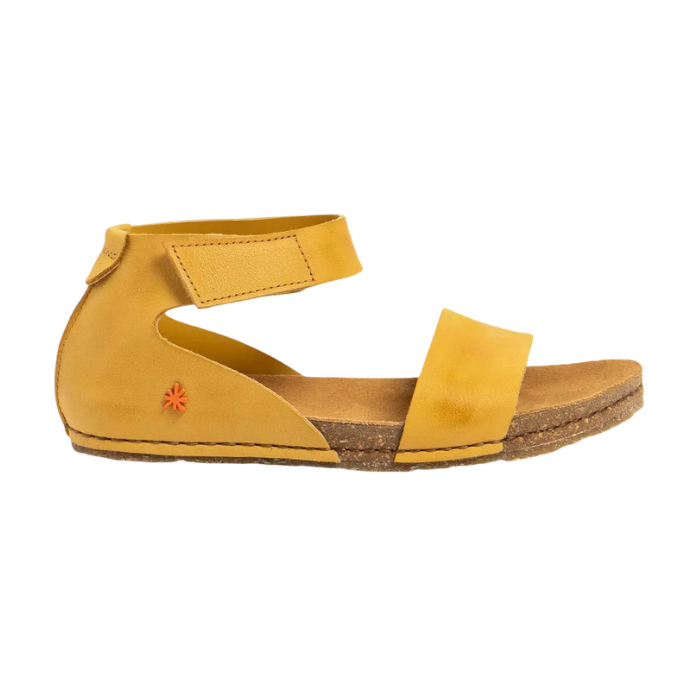 Yellow sandal with closed back, ankle strap and cork and rubber mixed beige outsole.