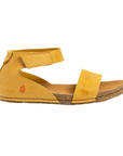 Yellow sandal with closed back, ankle strap and cork and rubber mixed beige outsole.